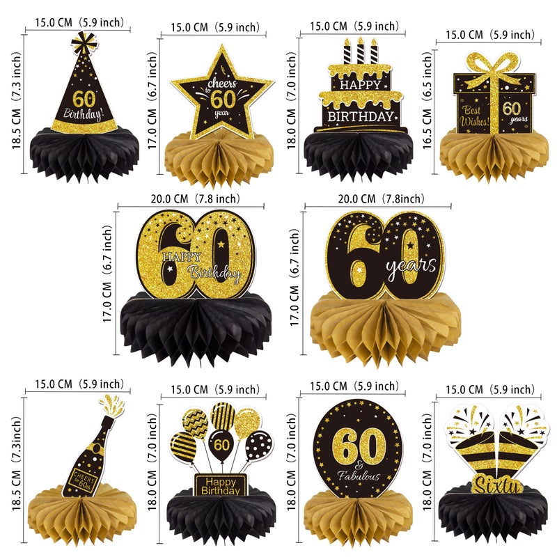 Gexolenu 10 Pcs 60th Birthday Honeycomb Centerpieces Gold Black Cheers to 60 Years Birthday Centerpieces Tables Toppers for 60th Birthday Decorations 60 Fabulous Birthday Party Decorations Supply - Image 2